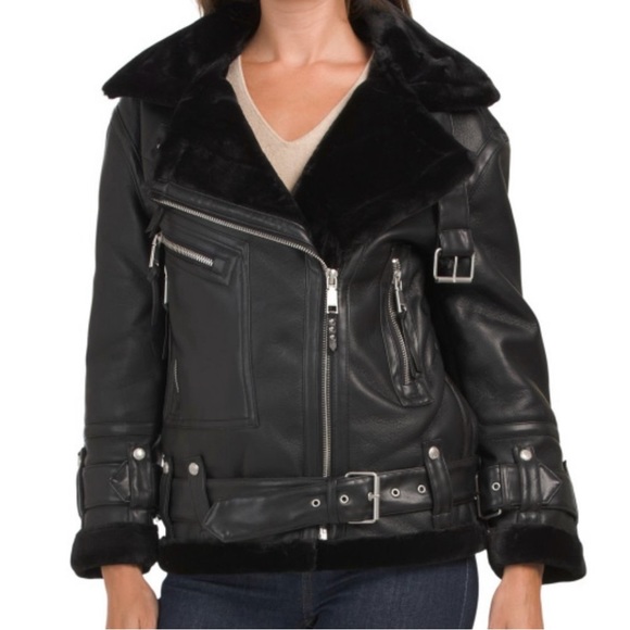 REBECCA MINKOFF Black Faux Leather Oversized Shearling Moto Jacket NWT - Picture 2 of 5